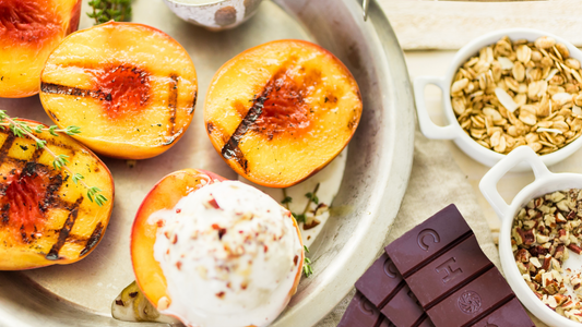 Grilled Peaches with Dark Chocolate Drizzle & Toasted Pumpkin Seeds (Nut-Free & Vegan)