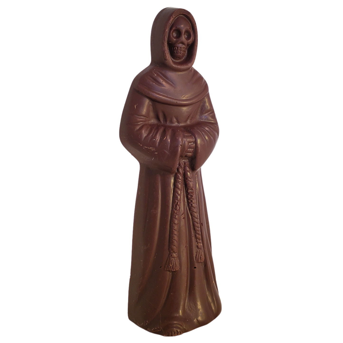 Dark chocolate figure of the Grim Reaper with a skull face and long robe, holding a rope..