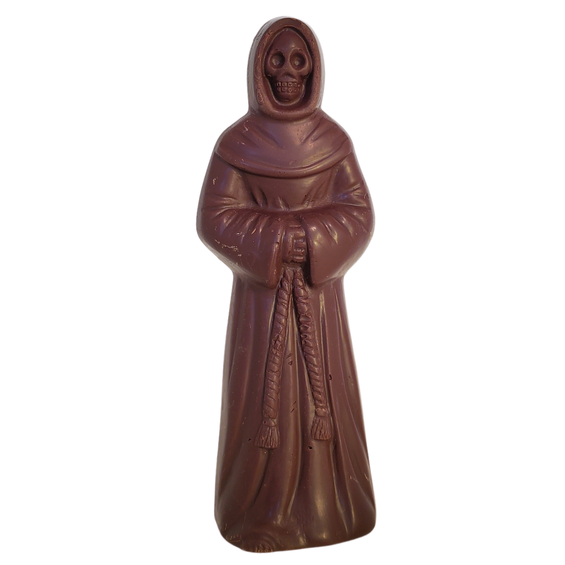 Dark chocolate figure of the Grim Reaper with a skull face and long robe, holding a rope..